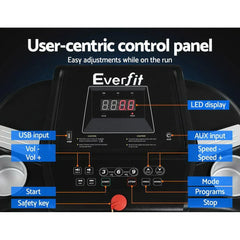 Trustymall Everfit electric treadmill with incline for home gym exercise, black tech accessory, front view with control panel