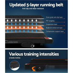 Black Trustymall Everfit electric treadmill with incline and digital display for home gym exercise, shown from the side.
