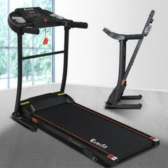Trustymall Everfit electric treadmill with incline for home gym exercise, showing the black fitness machine in a modern setting.