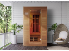 Zoppinh Blisspod Vienna Far Infrared Sauna made of Canadian Hemlock wood, shown in a sleek, modern design with glass panels.