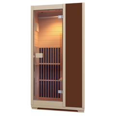 Zoppinh Blisspod Vienna Far Infrared Sauna showing the compact wooden sauna with glass door and interior seating.