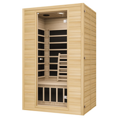 Zoppinh Blisspod Vienna Far Infrared Sauna made of Canadian Hemlock wood, showcasing the sleek, compact design of the sauna.