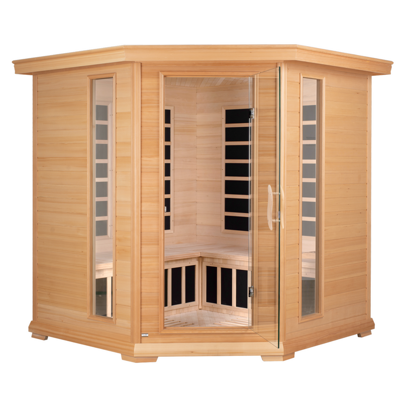 Zoppinh Blisspod Vienna corner spacious far infrared sauna with wooden interior and glass door, designed for home wellness.