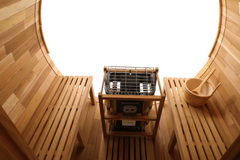 Zoppinh Blisspod Prague Canadian Red Cedar outdoor steam barrel sauna with wood interior and exterior, designed for outdoor relaxation.