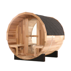 Canadian Red Cedar outdoor steam barrel sauna by Zoppinh, featuring a wooden exterior and open door for relaxing sauna experience.
