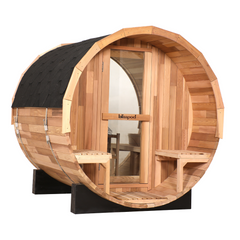 Zoppinh Blisspod Prague Canadian Red Cedar outdoor steam barrel sauna with wooden exterior and sauna door, designed for outdoor relaxation.