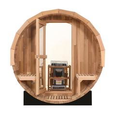 Zoppinh Blisspod Prague Canadian Red Cedar outdoor steam barrel sauna with wooden exterior and glass door, set outdoors.