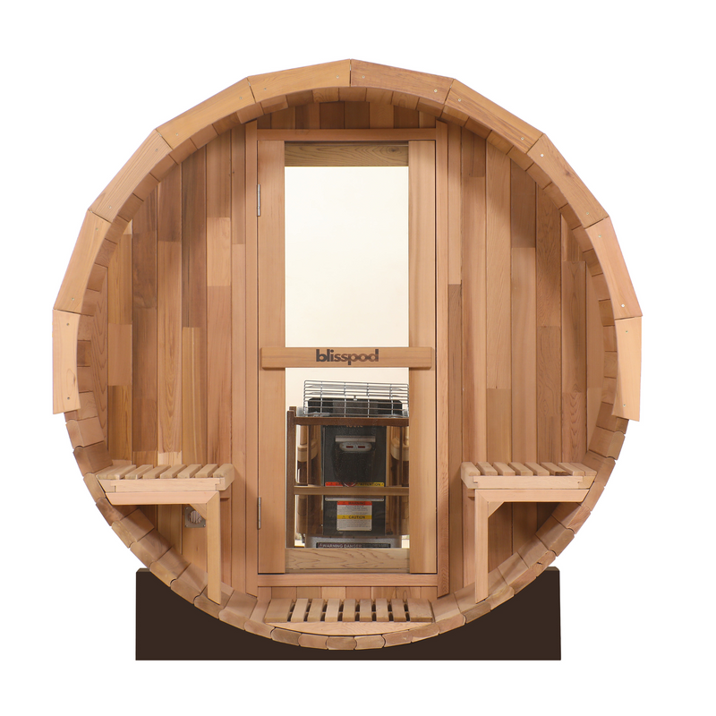 Canadian Red Cedar outdoor steam barrel sauna by Zoppinh, showcasing a traditional round sauna with wooden exterior and door.