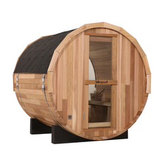Zoppinh Blisspod Prague Canadian Red Cedar outdoor steam barrel sauna with wooden exterior and traditional sauna design.