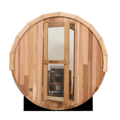 Zoppinh Blisspod Prague Canadian Red Cedar outdoor steam barrel sauna with wooden exterior and door, designed for outdoor relaxation.