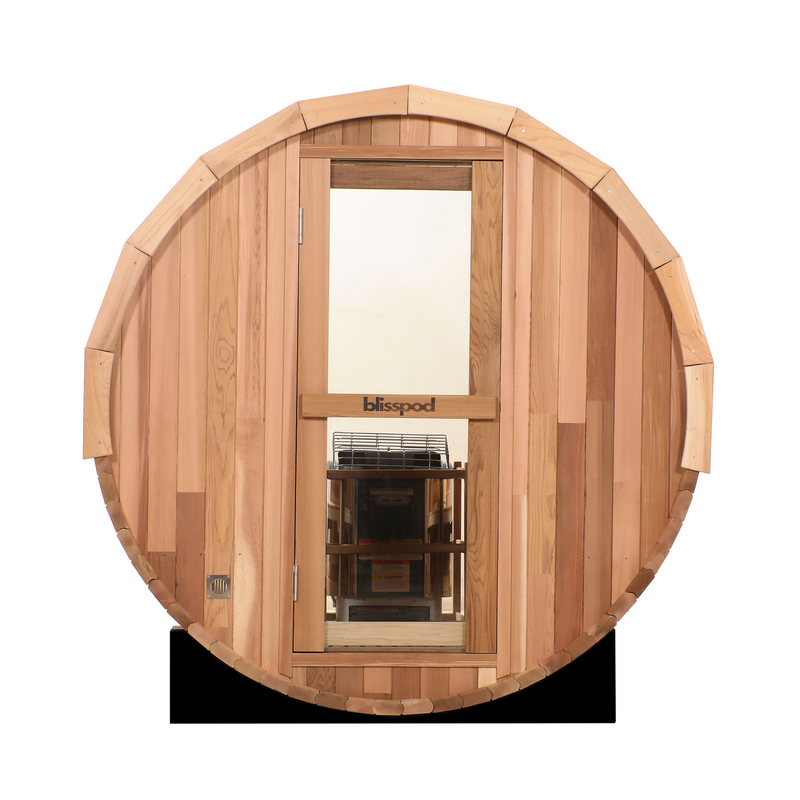 Zoppinh Blisspod Prague Canadian Red Cedar outdoor steam barrel sauna with wooden exterior and natural cedar finish.