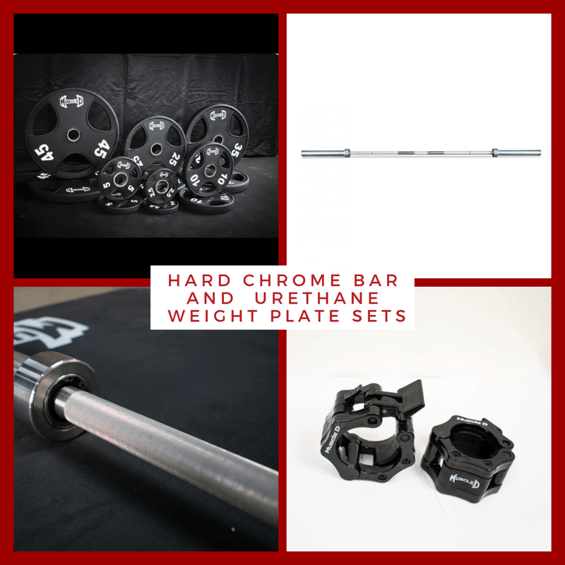 Hard Chrome Olympic Bar and Olympic Urethane Weight Plate Sets by Muscle D Fitness