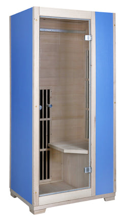Blue Blisspod Vienna Far Infrared Sauna by Zoppinh, compact sauna unit with wooden interior and digital control panel.