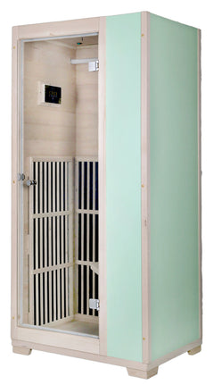 Zoppinh Blisspod Vienna green far infrared sauna with wooden interior and control panel for relaxing health benefits.