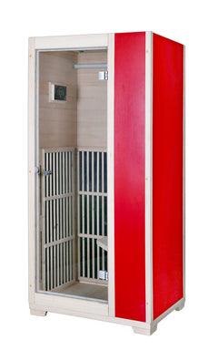 Zoppinh Blisspod Vienna infrared sauna with red interior, compact design, and glass door for relaxing sauna experience.
