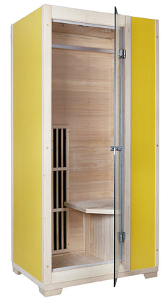 Zoppinh Blisspod Vienna Far Infrared Sauna with yellow interior, compact design, and glass door for home wellness.