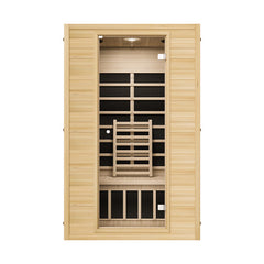 Zoppinh Blisspod Vienna two-person far infrared sauna made of Canadian Hemlock, with front view showing interior seating and control panel.
