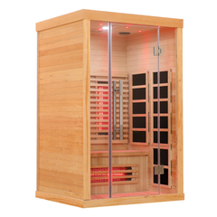 Zoppinh Finnmark FD-3 full spectrum infrared sauna with two to three person capacity, featuring wooden interior and glass door.