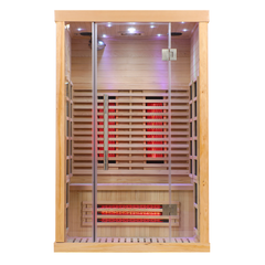 Zoppinh Finnmark FD-3 full spectrum infrared sauna with two and three-person options, featuring wooden interior and glass door.
