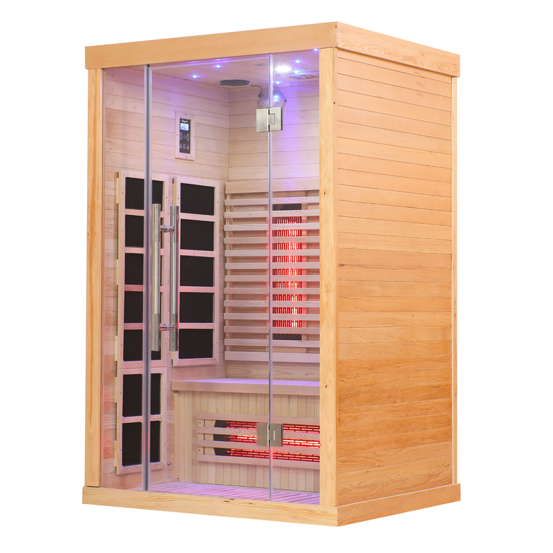 Zoppinh Finnmark FD-3 full spectrum infrared sauna with seating for four, featuring wooden interior and glass door design.