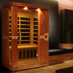 Two-person low EMF far infrared sauna by Golden Designs Inc., featuring wooden interior and control panel for relaxation.