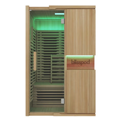Zoppinh Blisspod Milano full spectrum sauna made from Canadian Hemlock, showcasing the sauna interior with wooden benches and controls.