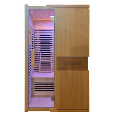 Zoppinh Blisspod Milano full spectrum sauna in Canadian Hemlock wood, featuring a modern design with glass door and wooden interior.