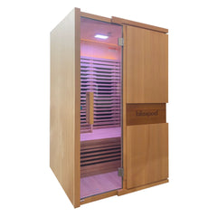 Zoppinh Blisspod Milano full spectrum sauna made of Canadian Hemlock wood, shown with sleek wooden interior and glass door.