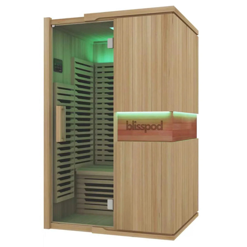 Zoppinh Blisspod Milano full spectrum sauna made of Canadian Hemlock wood with glass door and interior seating.