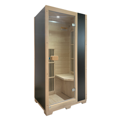 Zoppinh Blisspod Vienna Far Infrared Sauna with wooden interior, control panel, and cozy seating for relaxation.