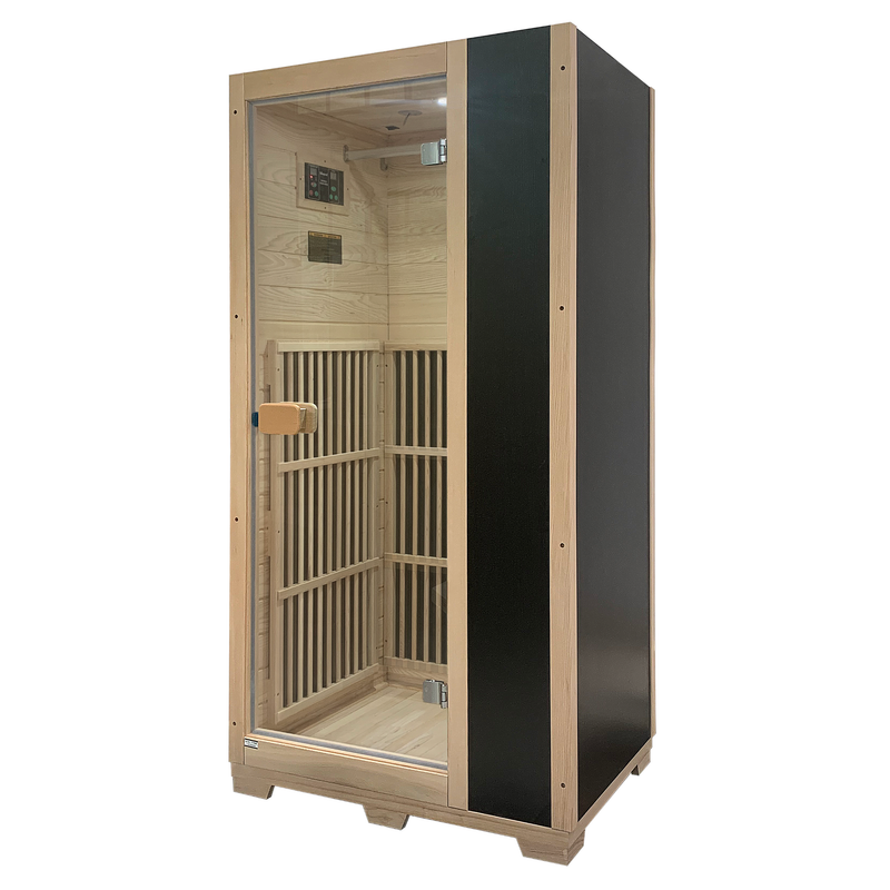 Zoppinh Blisspod Vienna Far Infrared Sauna with wooden interior and digital control panel for relaxing heat therapy.