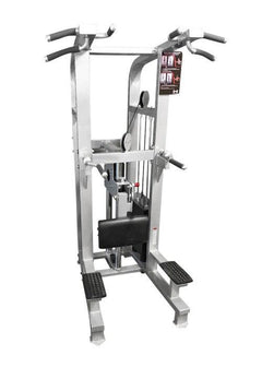 Muscle D Fitness dual function assisted chin-dip combo machine with adjustable settings and roller bearings for strength training.
