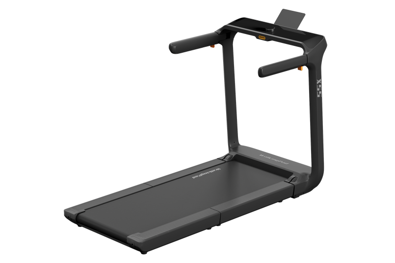 Walkingpad X55 foldable treadmill with digital display and safety handrails, designed for compact home workouts.
