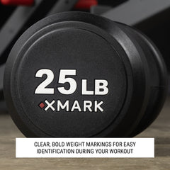 Pair of round XMARK commercial urethane dumbbells with black handles, available in 5-50 lb and 5-75 lb sets for strength training.