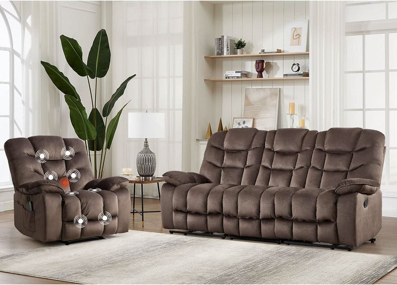 Brown 2-piece ShipItFurniture massage recliner set with built-in massage and heat features, showcasing plush upholstery and reclining arms.
