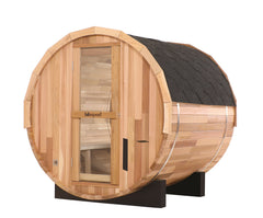 Zoppinh Blisspod Prague outdoor steam barrel sauna with Canadian red cedar wood, compact cylindrical design in natural wood finish.