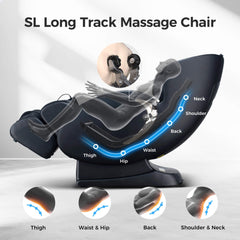 SAKSBY WHOLESALE dual motor massage recliner chair with zero-gravity design, black plush upholstery, and full-body shiatsu massage features.