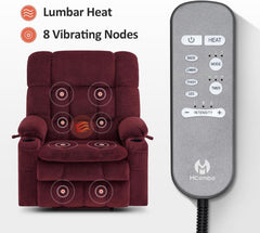 Large burgundy ShipItFurniture massage recliner chair with dual motor lift, featuring built-in heat and massage functions.
