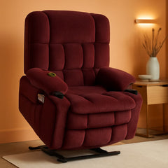 Large burgundy ShipItFurniture massage recliner chair with dual motors, built-in heat and massage features, and plush fabric upholstery.