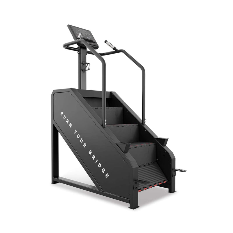 SAKSBY WHOLESALE Rovix commercial stair stepper with LED display and 15 resistance levels, back-left view showing handles and foot pedals.
