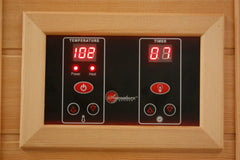Golden Designs Maxxus 2 Person Full Spectrum IR Sauna control panel with digital display and touch controls.