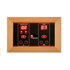 Golden Designs Maxxus Bellevue 3-person near-zero EMF far infrared sauna control panel with digital display.