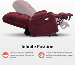 Large burgundy ShipItFurniture massage chair with dual motor lift, built-in massage and heat functions, shown with reclined position.