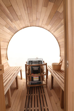 Zoppinh Blisspod Prague Canadian Red Cedar outdoor steam barrel sauna with wooden exterior and door, ideal for relaxing outdoor wellness.