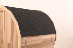 Zoppinh Blisspod Prague Canadian Red Cedar outdoor steam barrel sauna with wooden exterior and open door, natural wood finish.