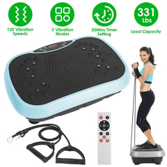 Berry Charmz vibration platform exercise machine with resistant bands and remote control, shown in a home gym setting.