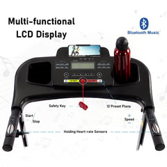 Berry Charmz folding treadmill with incline, Bluetooth, cup holder, heart rate sensor, 2.5HP motor, for home walking and running exercise.