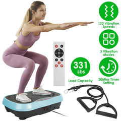 Berry Charmz vibration platform exercise machine with remote control and resistance bands for full-body workout.