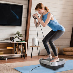 Berry Charmz vibration platform exercise machine with resistant bands and remote control, showing a compact workout device with control panel