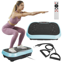 Berry Charmz vibration platform exercise machine with resistant bands and remote control, showing a compact workout device.